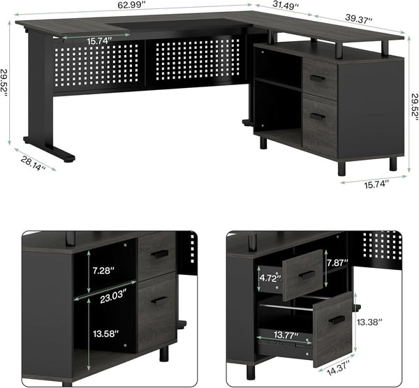 63 Inch Executive Desk With Integrated Cabinet Gray