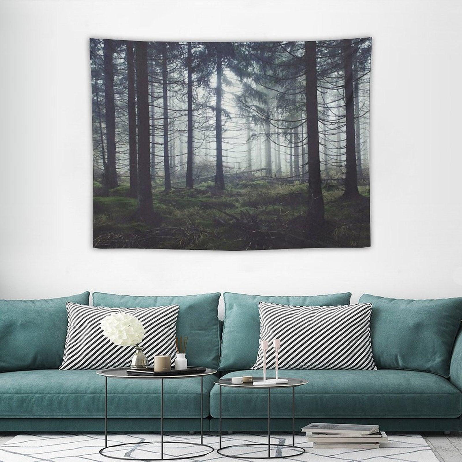Through The Trees  Nightwalker In Ghostwood Romantasy Foggy Misty Fairytale Forest Covered In Magic Fog Tapestry
