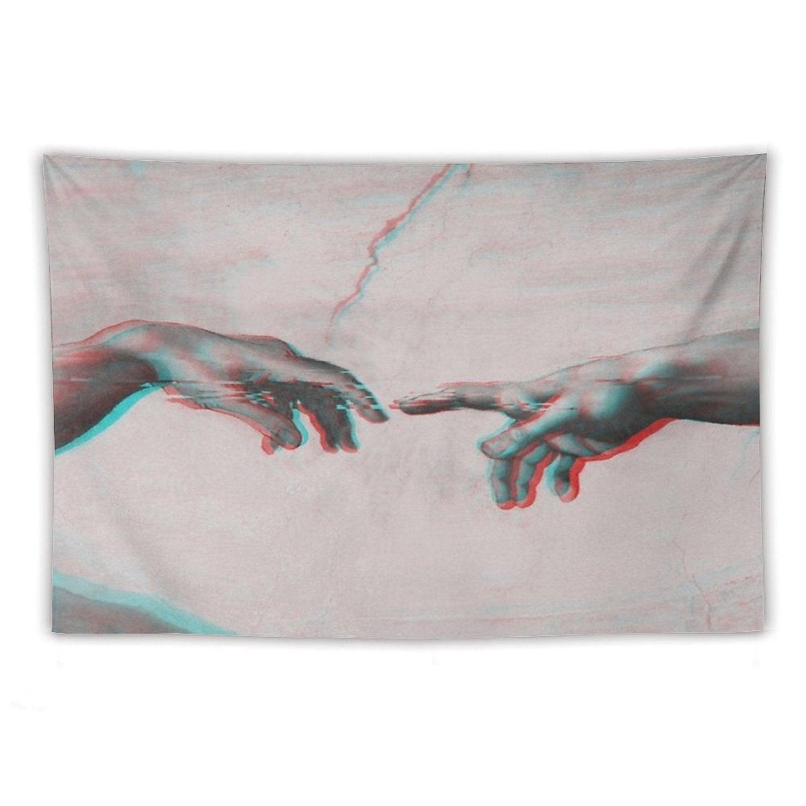 The Creation of Adam in GLITCH - Wall Tapestries Sistine Chapel Near-touching Hands of God And Adam Red Colorized Tapestry