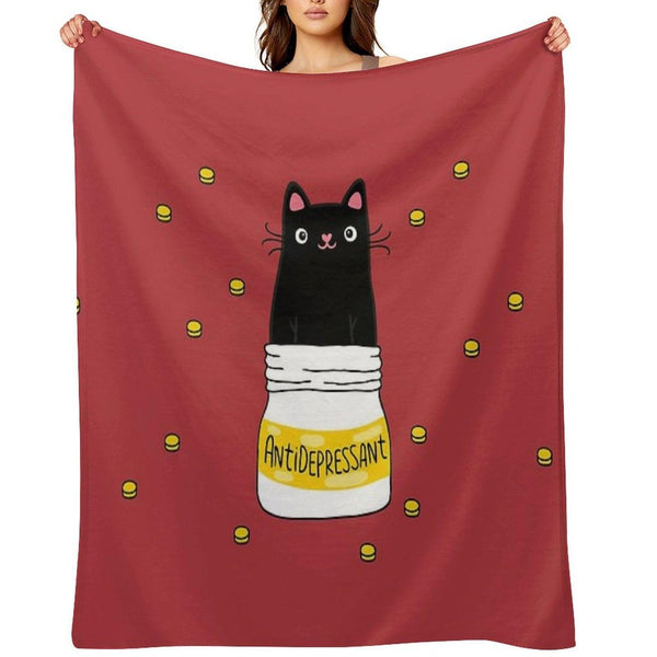 FUR ANTIDEPRESSANT . Cute Black Cat Illustration. A Gift for A Pet Lover. Throw Blanket