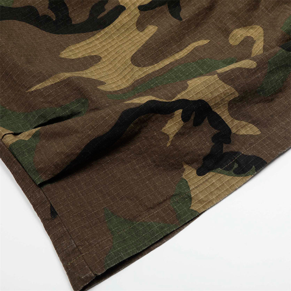 Loose Wide-Leg Camouflage Three-Quarter Pants Men's Summer Work Shorts Pleated Design with Large Pockets