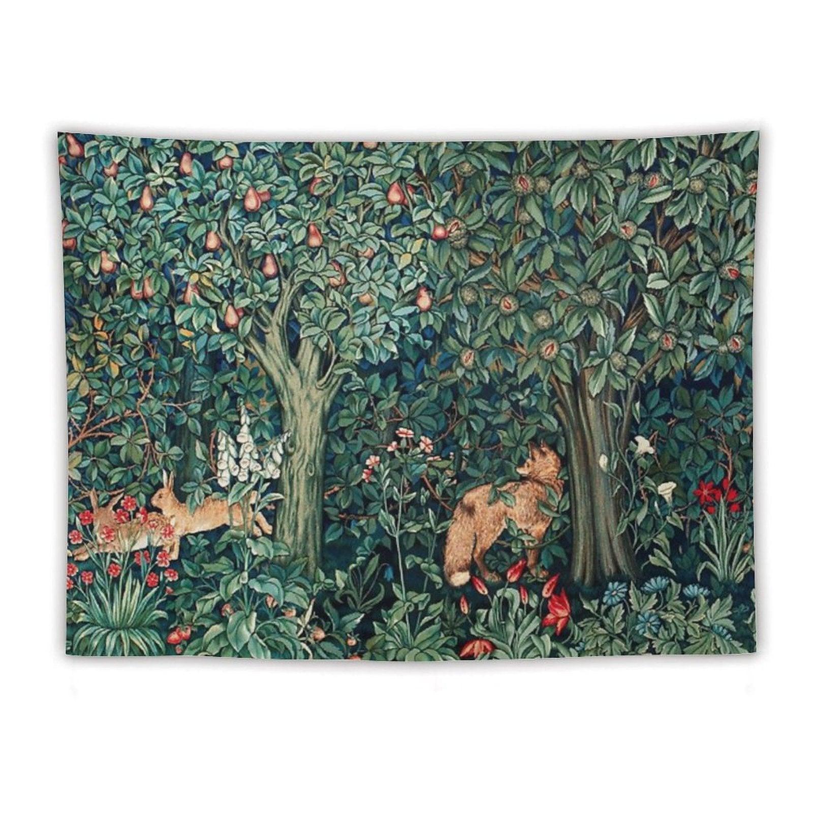 GREENERY, FOREST ANIMALS Fox And Hares Blue Green Floral Tapestry Tapestry