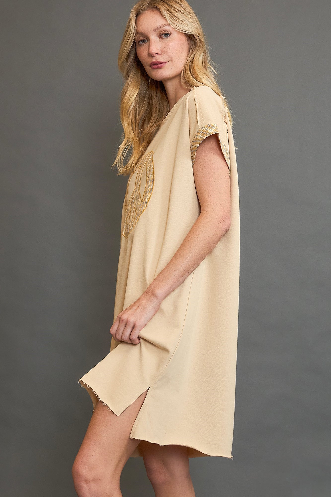 Peace Plaid Applique Short Sleeve Mini Dress – Trendy Plaid, Fun Peace Applique, High-Low Hem for a Chic Casual Look