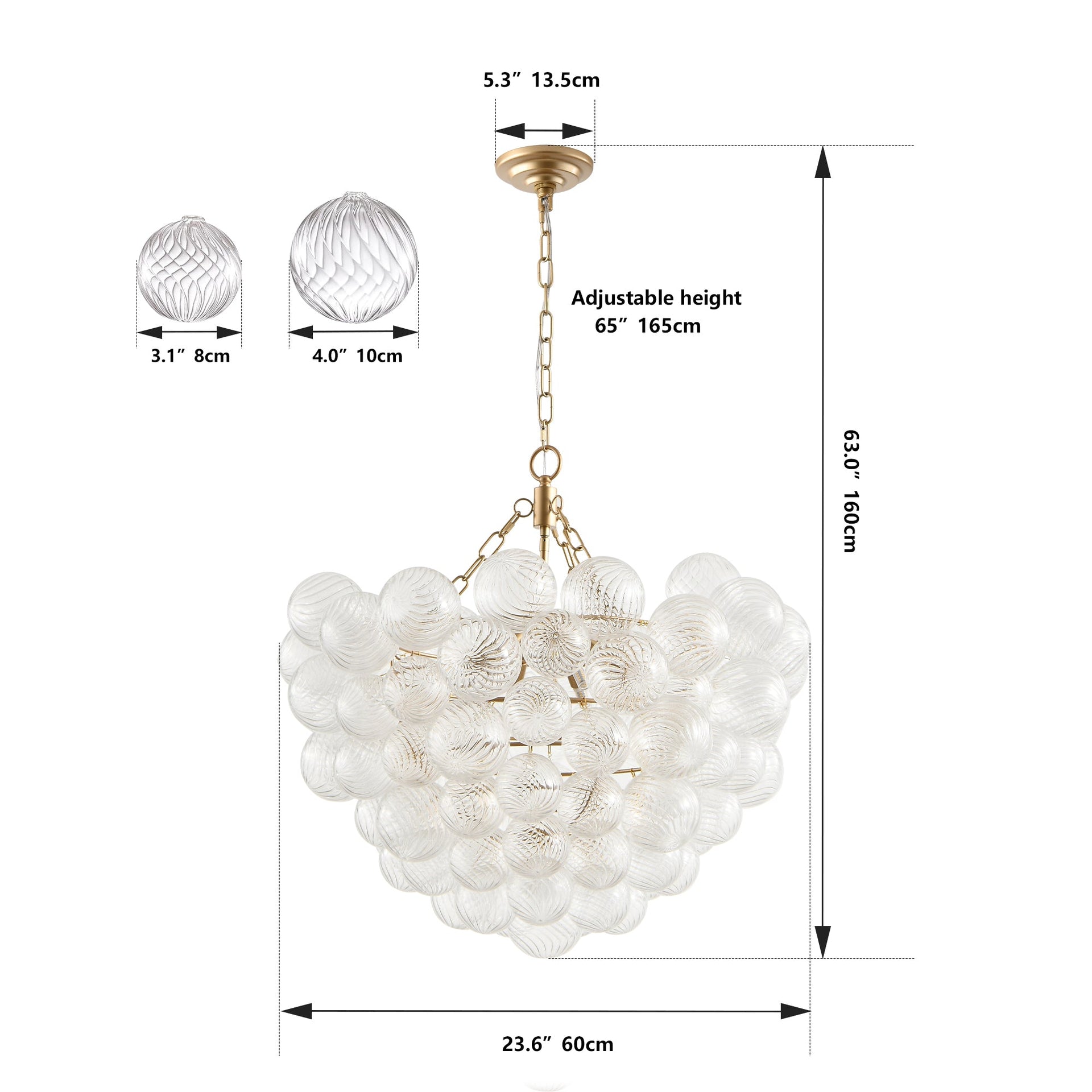 Gold Pendant Chandelier with Threaded Clear Glass Globe Shade for Living, Dining & Kitchen