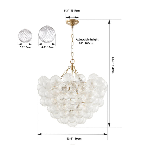 Gold Pendant Chandelier with Threaded Clear Glass Globe Shade for Living, Dining & Kitchen