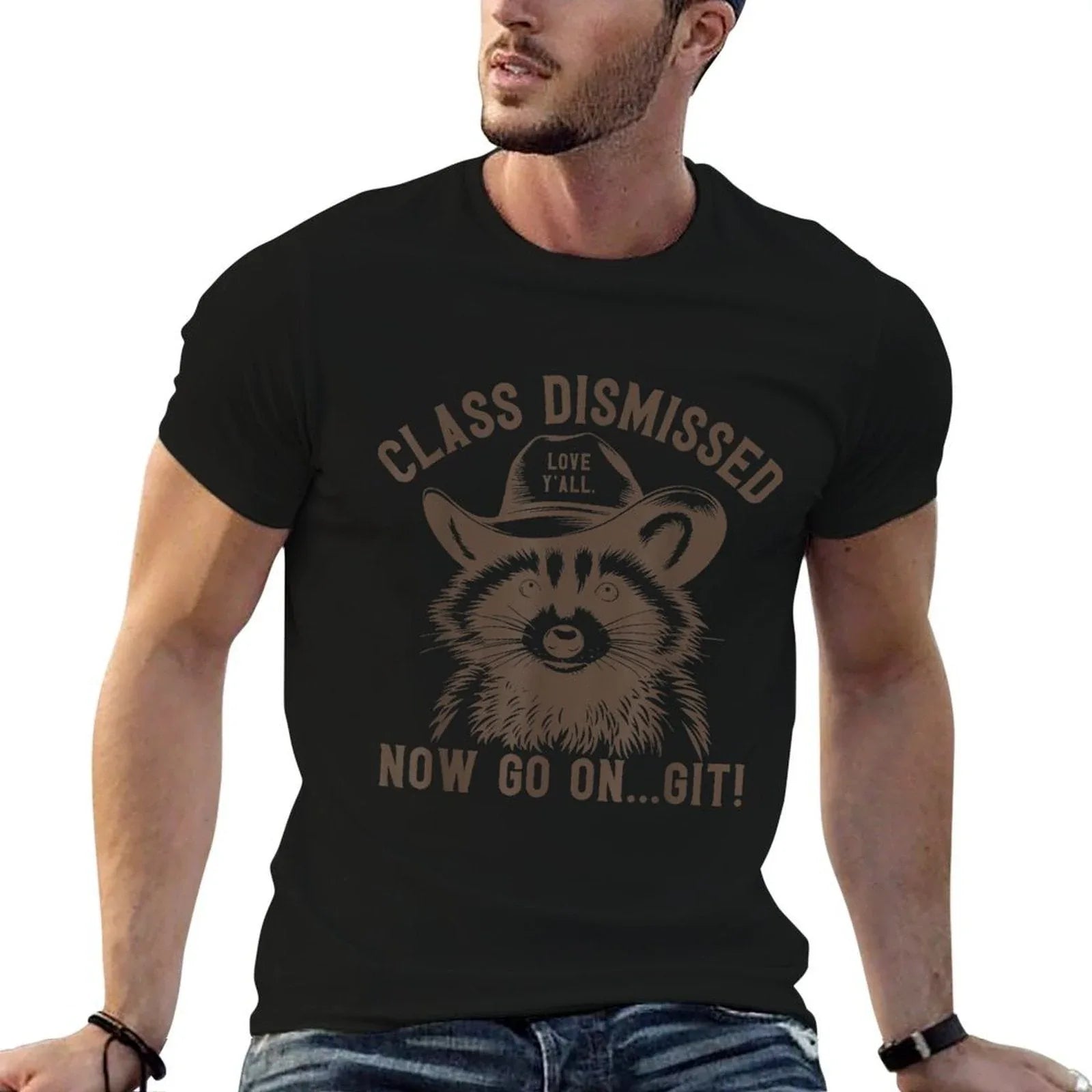 Raccoon Class Dismissed Now Go On Git Fun Last Day of School  Ribbed Collar T-Shirt
