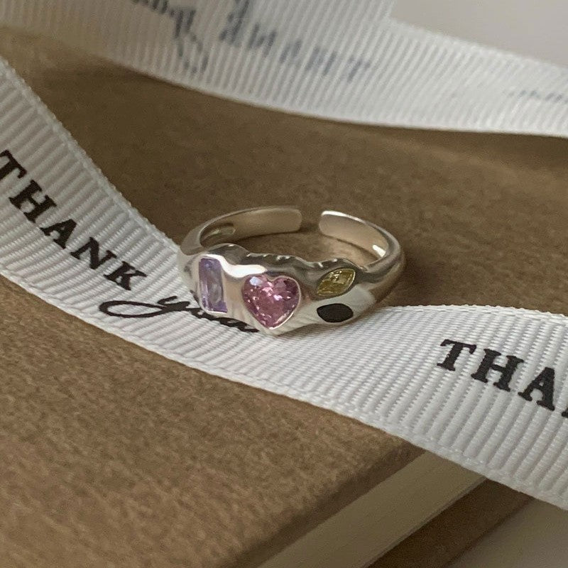 Dopamine love colored zircon diamond ring female niche index finger high-end fashion personality open ring