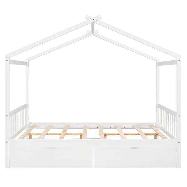 Full Size House Platform Bed with Two Drawers Headboard and Footboard,Roof Design White