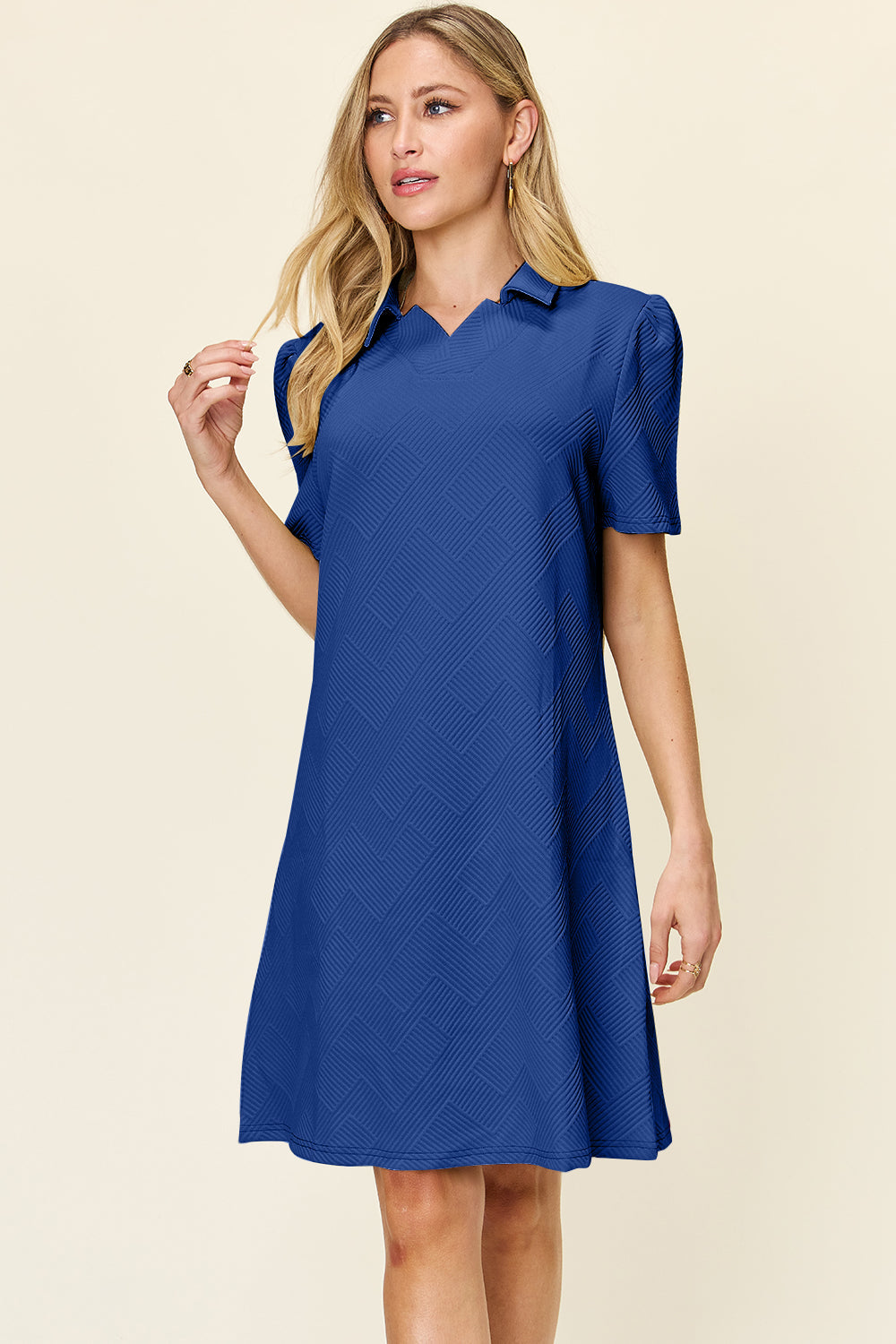 Double Take Full Size Texture Collared Neck Short Sleeve Dress Textured Dress For Women