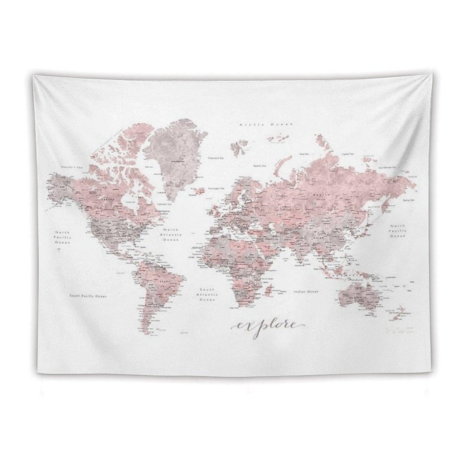 Explore - Dusty Pink And Grey Watercolor World Map, Detailed Tapestry