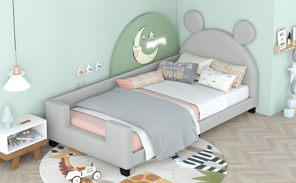 Twin Size Upholstered Daybed with Carton Ears Shaped Headboard  Grey