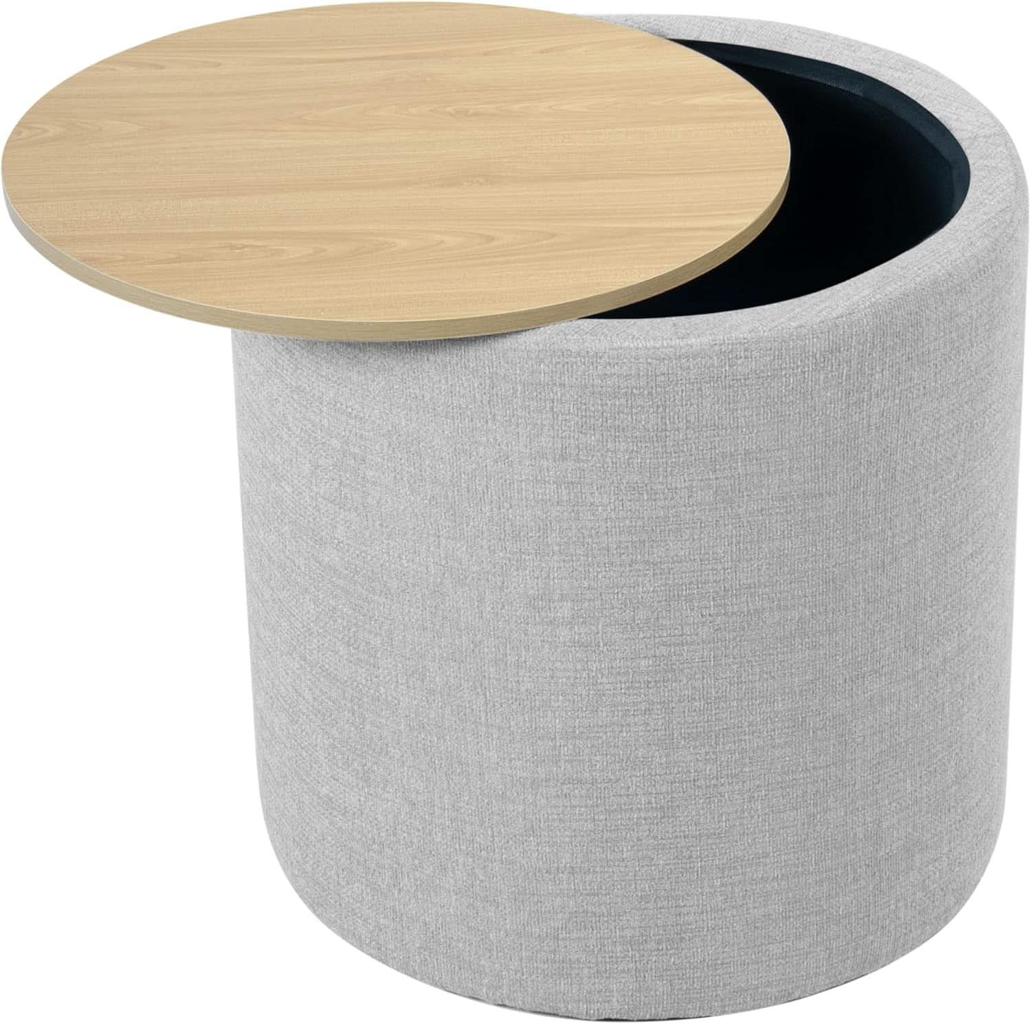 Storage Ottoman 18 Inch Wood Top Gray Textured Fabric