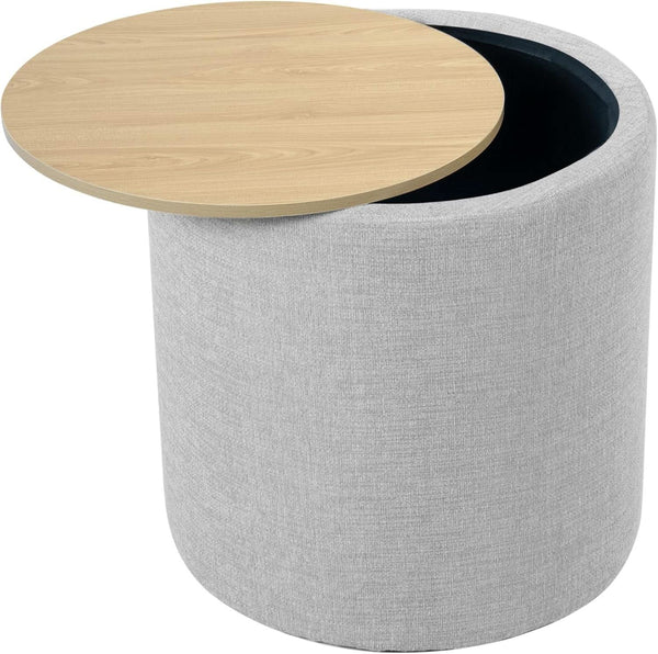 Storage Ottoman 18 Inch Wood Top Gray Textured Fabric