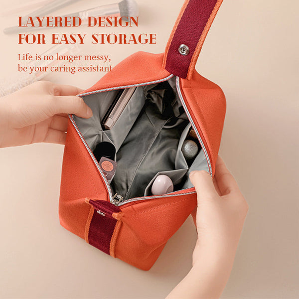 Portable premium canvas makeup bag, large capacity, washable, stylish storage for women