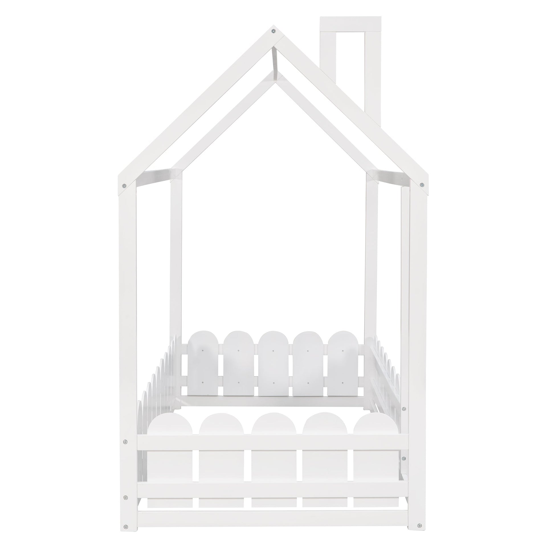 {Slats are not included}Twin Size Wood Bed House Bed Frame with Fence for KidsTeens Girls Boys {White}