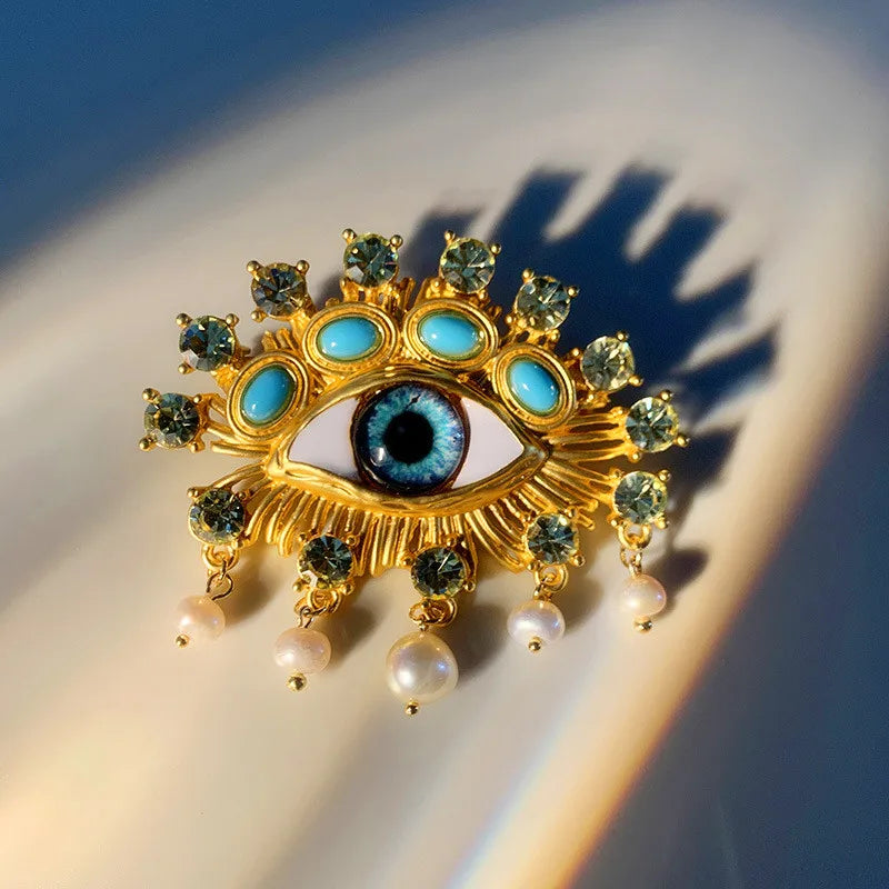 New Exaggerated Devil's Eye Brooch Baroque Pearl Tassel for Men Women Unisex Pin Jewelry European And American Vintage