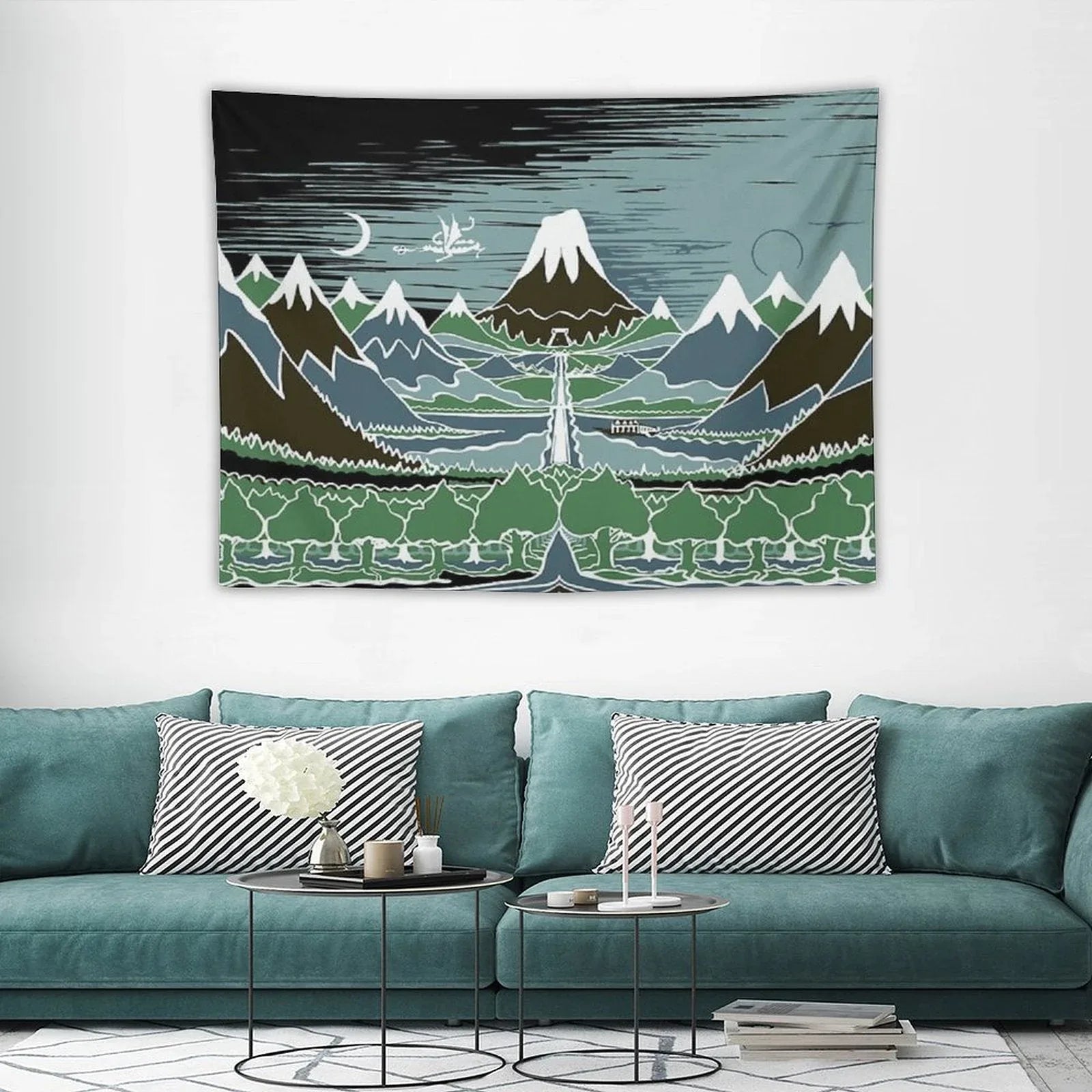 A Halflings Journey on A Mountain Path Through An Elven Wood in The Style of J.R.R.Tolkien Tapestry