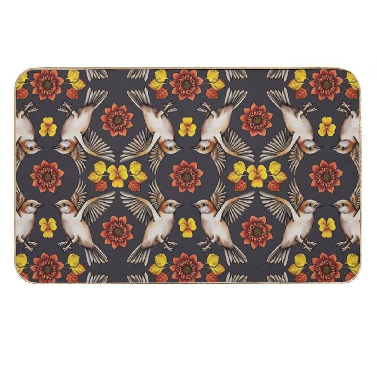 Autumn Sparrows with Flowers & Leaves Bath Mat