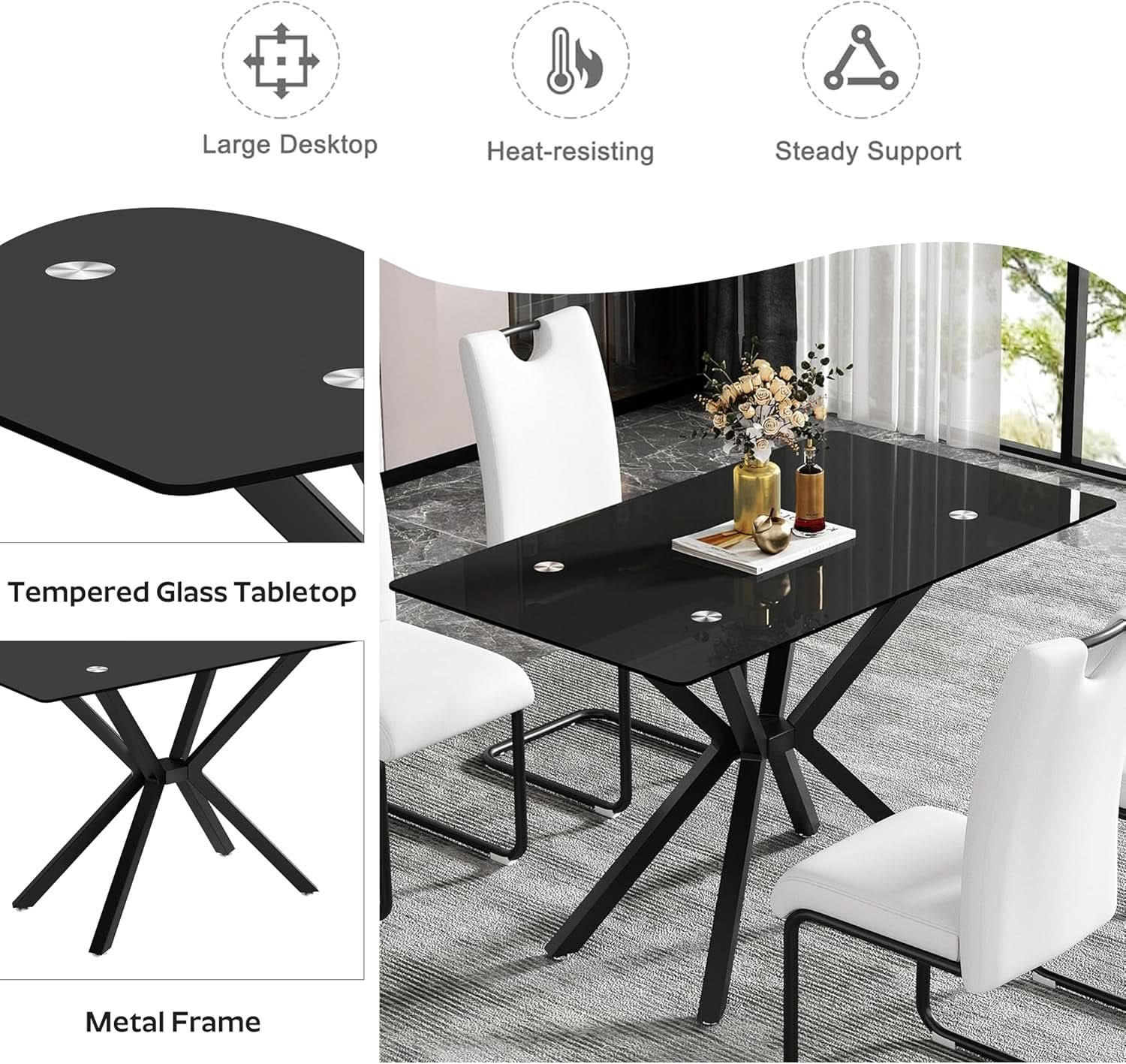 BlackGlassDiningSetForFourTuftedChairsWithNonSlipFeet