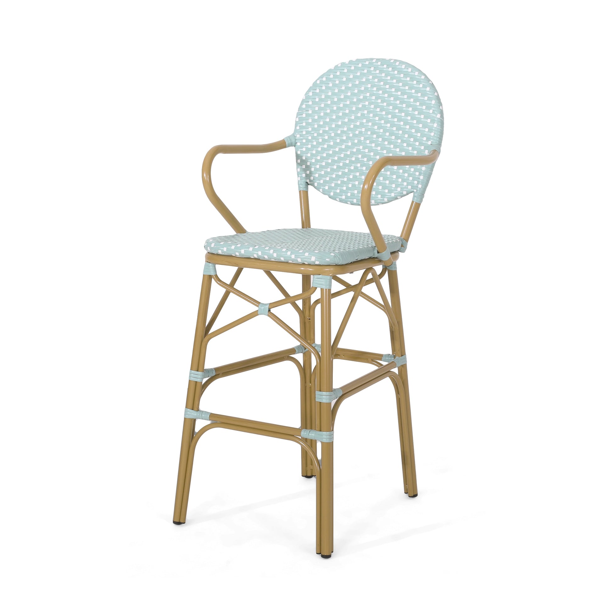 Outdoor Wicker and Aluminum 29.5' French Barstools, Set of 2, Teal, Bamboo Print Finish