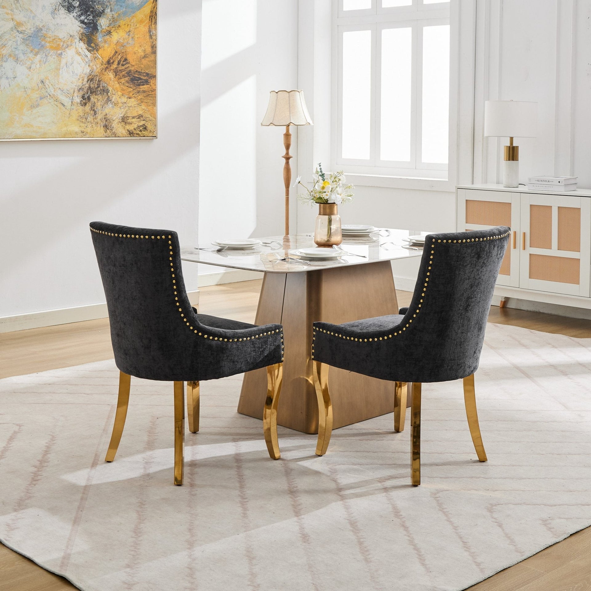 Chenille Dining Chairs Modern Style with Curved Gold-Plated Legs & Rivet Trim