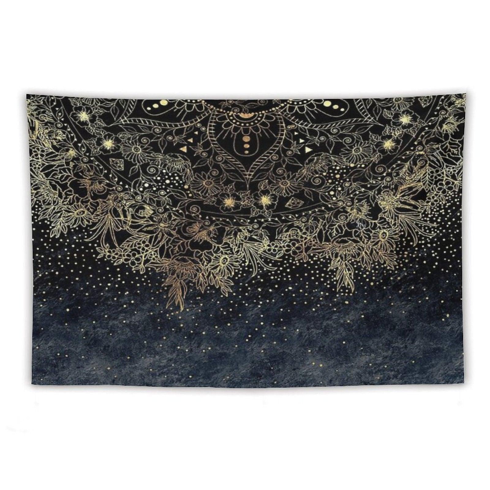 Blue Gold Mandala Floral Tapestry