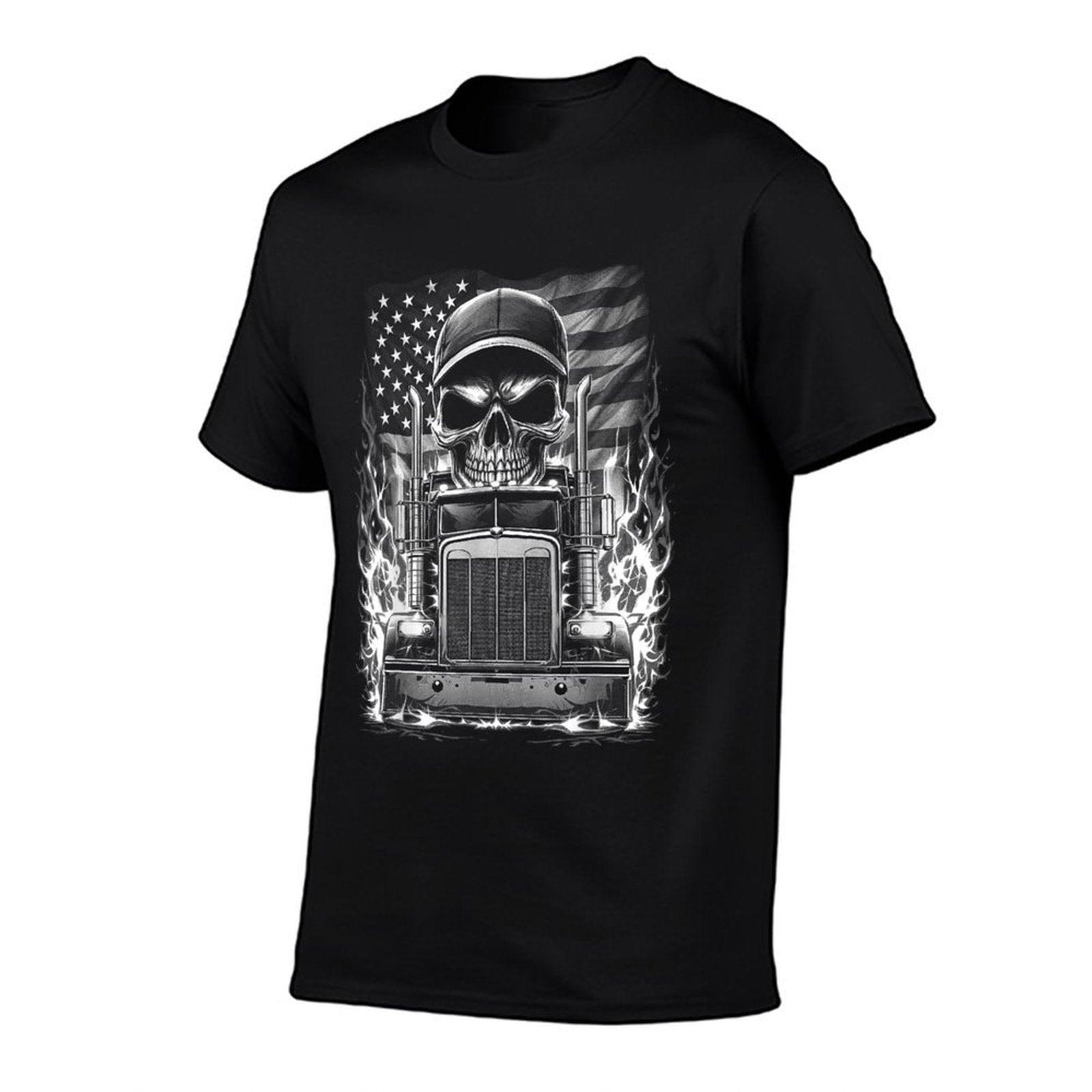 Trucker Patriotic American Flag Semi Truck Driver Skull T-Shirt