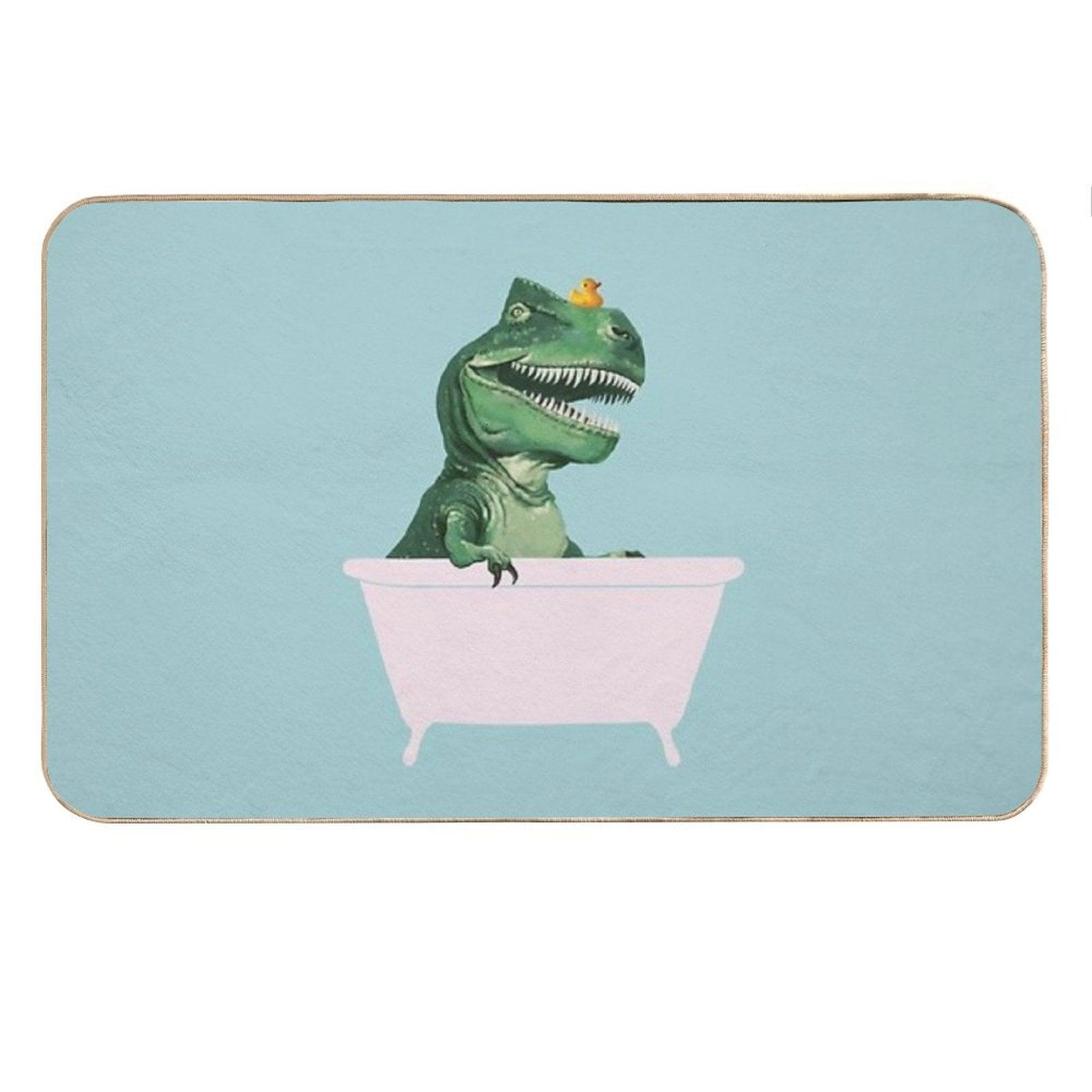 Playful T-Rex in Bathtub in Green Bath Mat