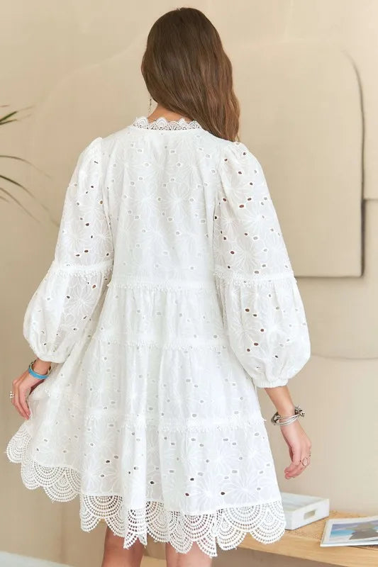 Lace Detail Tiered Eyelet V-Neck Babydoll Dress For Women – Feminine Boho Chic Dress, Fluttering, Elegant Lace & Eyelet