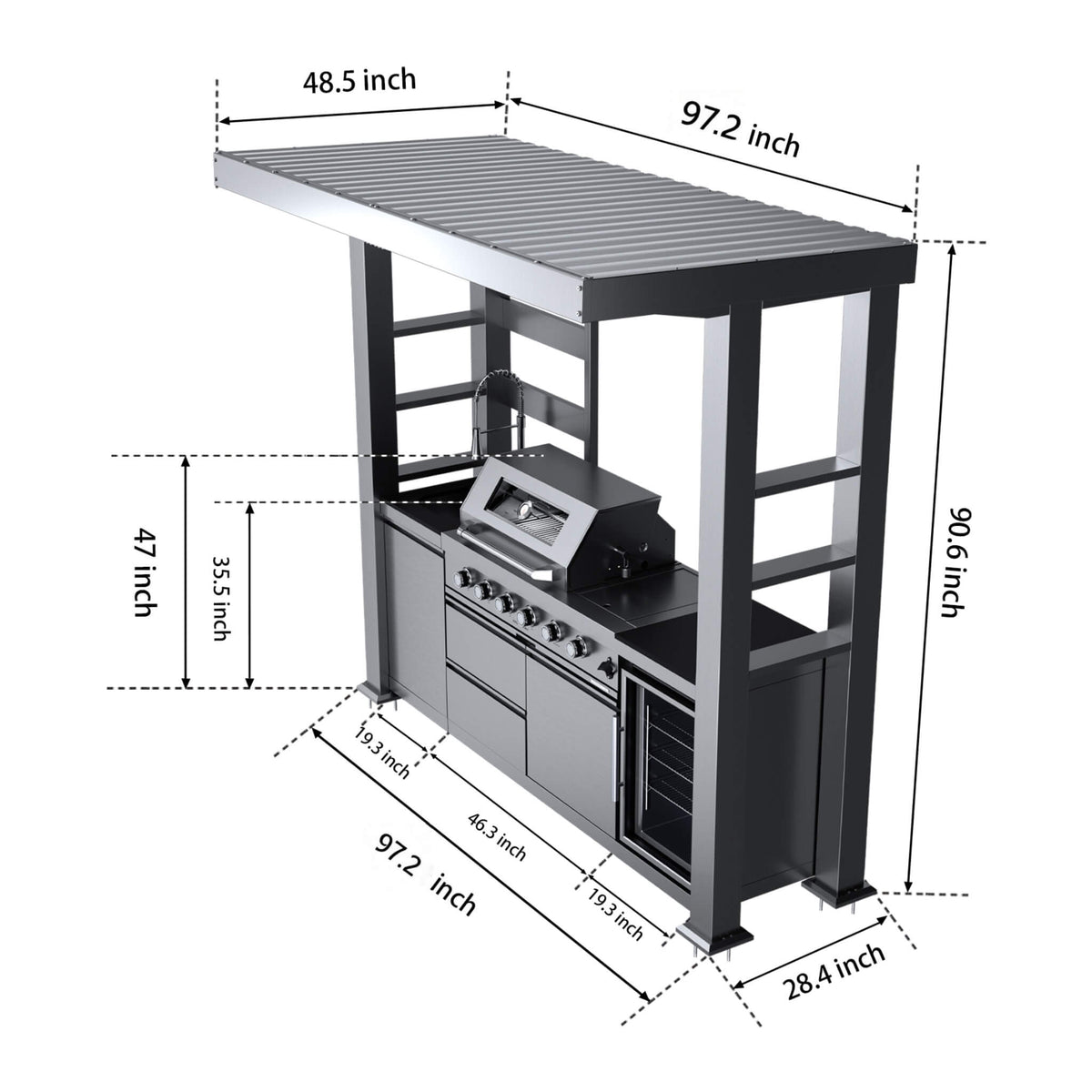 Amalfi 97-Inch 4-Burner 72K BTU LP Outdoor Kitchen Grill Island With Wine Cooler, Rotisserie, Cabinets, And Granite Countertops (SAK70319)