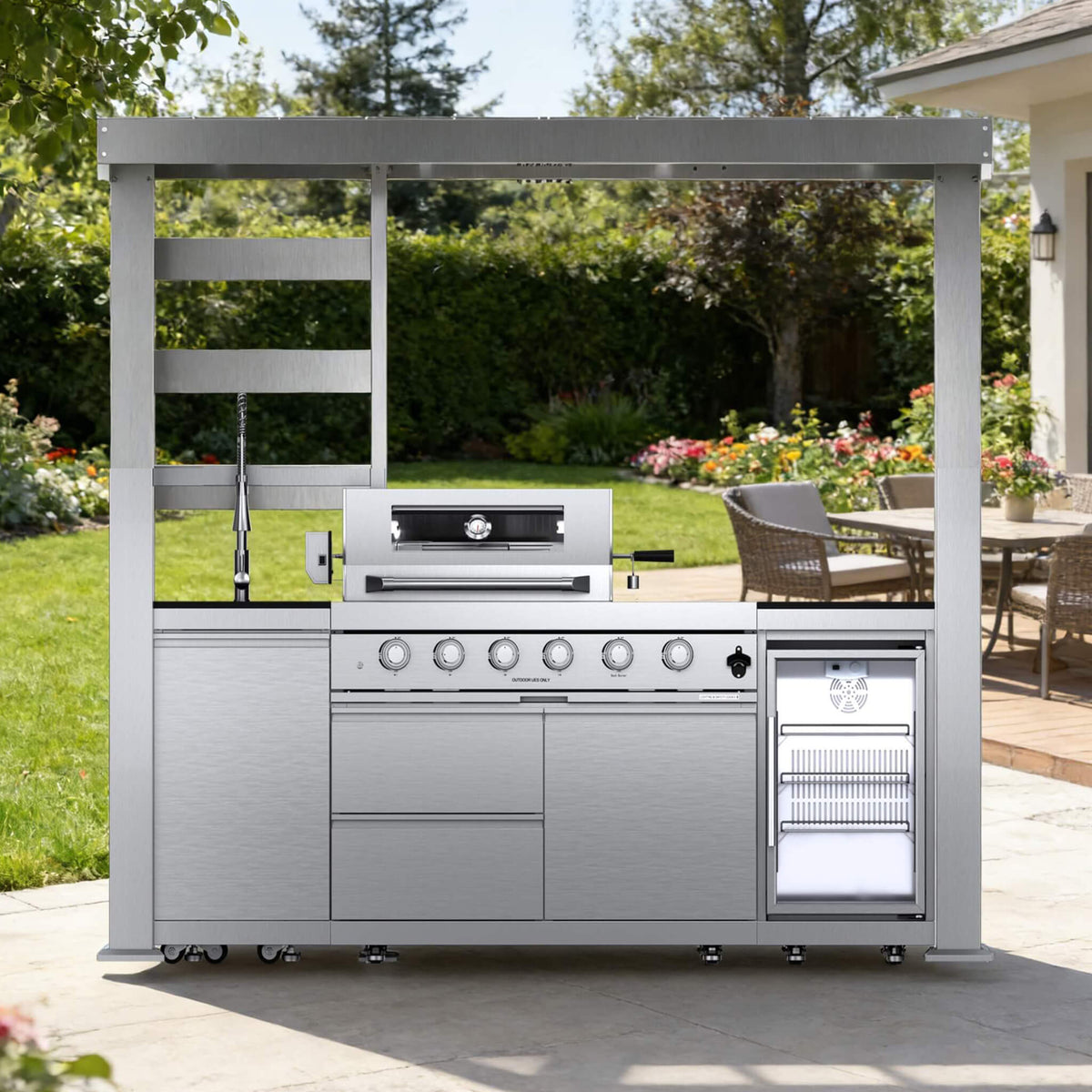 Amalfi 97-Inch 4-Burner 72K BTU LP Outdoor Kitchen Grill Island With Wine Cooler, Rotisserie, Cabinets, And Granite Countertops (SAK70319)