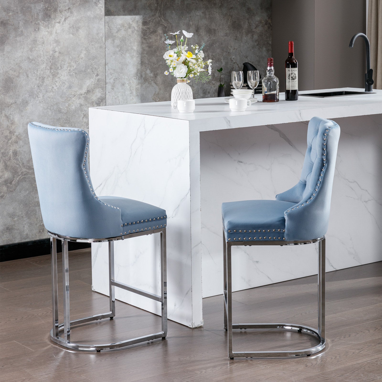 Set of 2 Light Blue Velvet Wing‑Back Bar Stool Set