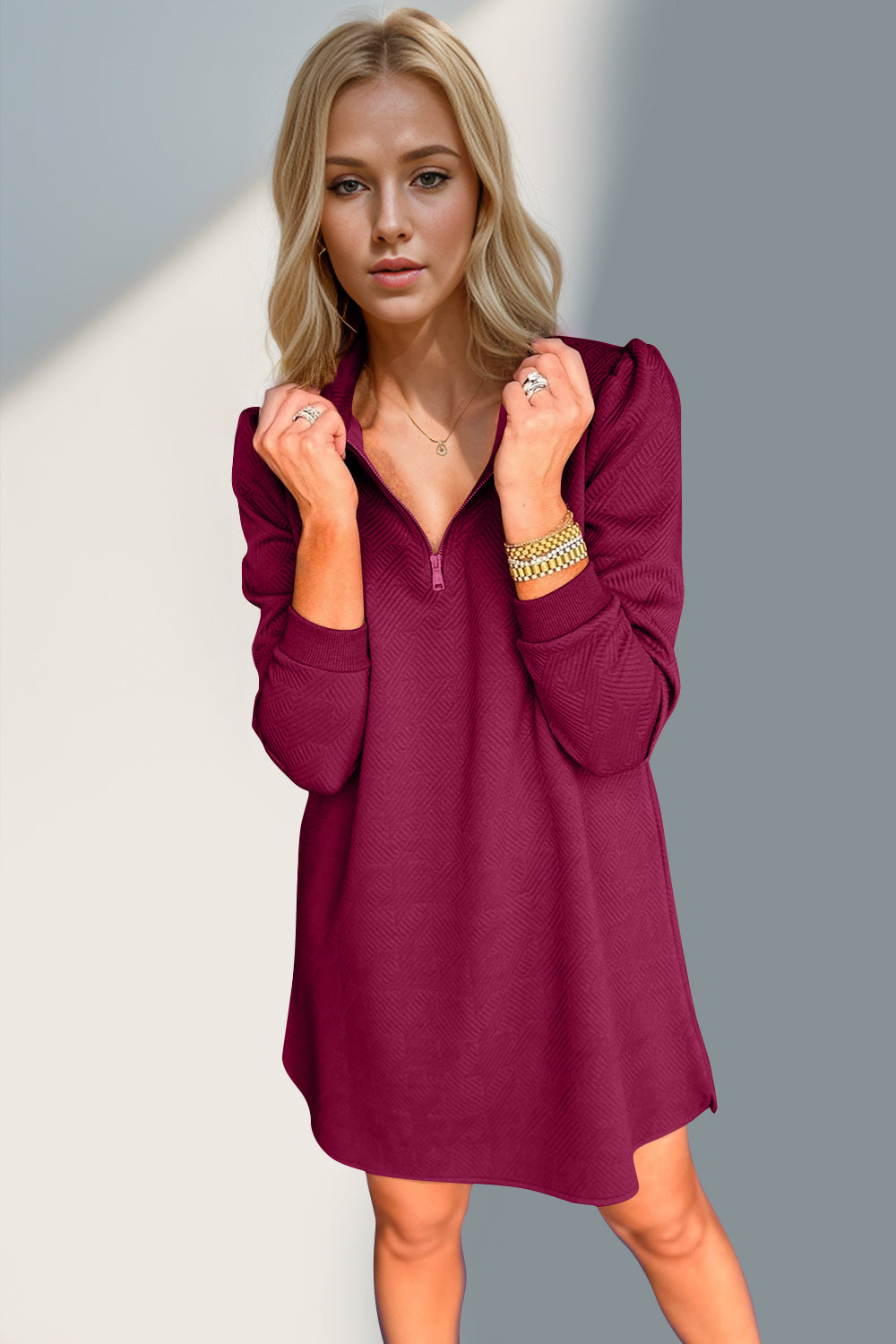 Double Take Textured Zip Long Sleeve Dress Classic Zip-Up Dress for Women Comfortable Outdoor Dress