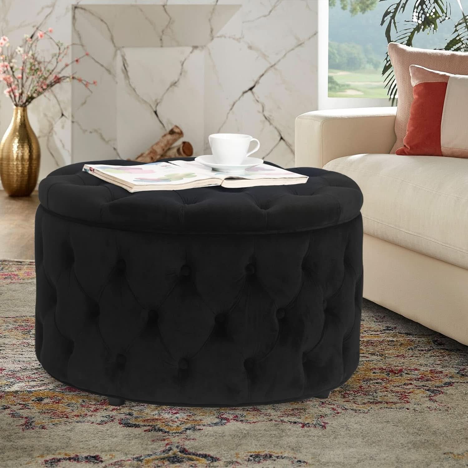 Twenty EightInch Velvety Round Storage Ottoman Black Tufted