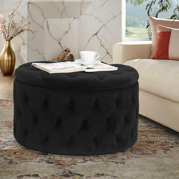 Twenty EightInch Velvety Round Storage Ottoman Black Tufted