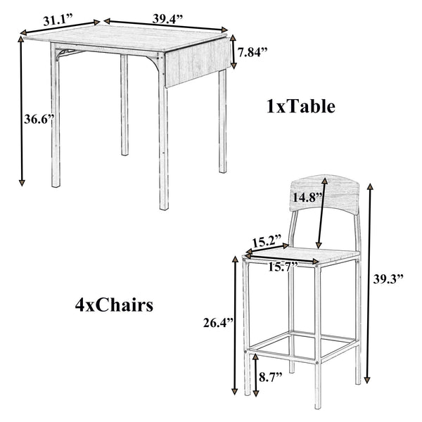 Farmhouse 5-piece Counter Height Drop Leaf Dining Table Set with Dining Chairs for 4,White Frame+ Rustic Brown Tabletop Vtng Furniture