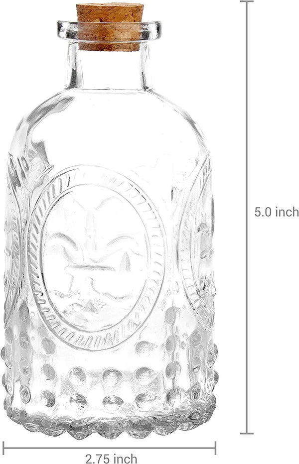 Glass Embossed Bottles with Cork Lids - Set of 5