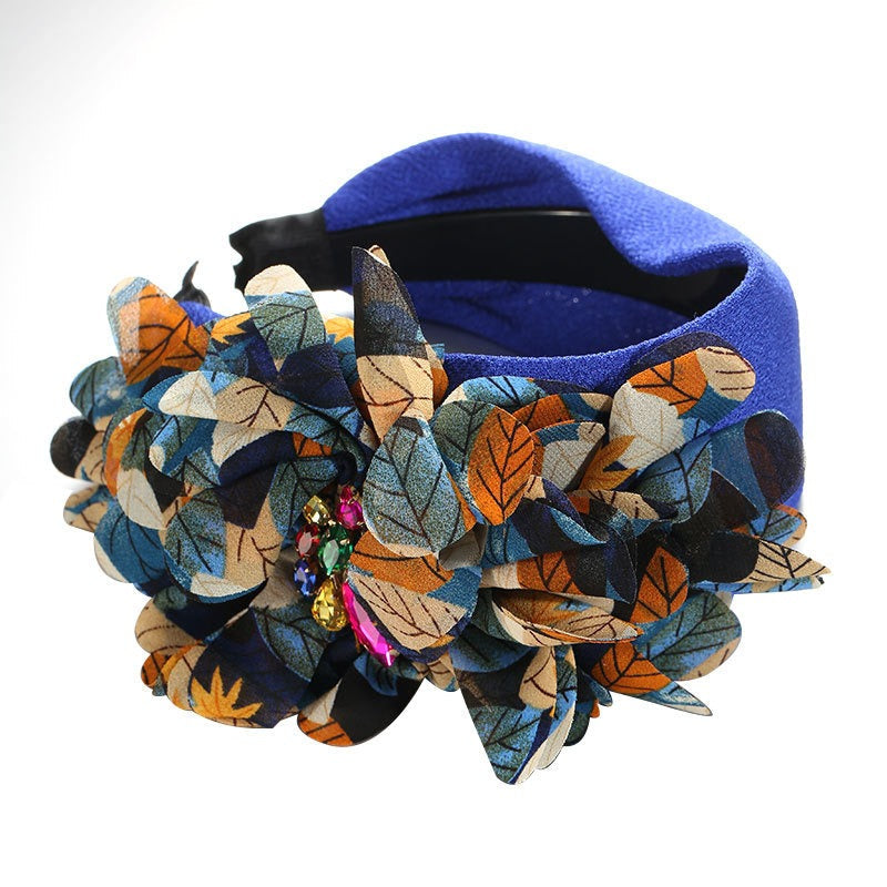 Handmade diamond inlaid fabric flower with teeth and anti slip exaggerated headband for women
