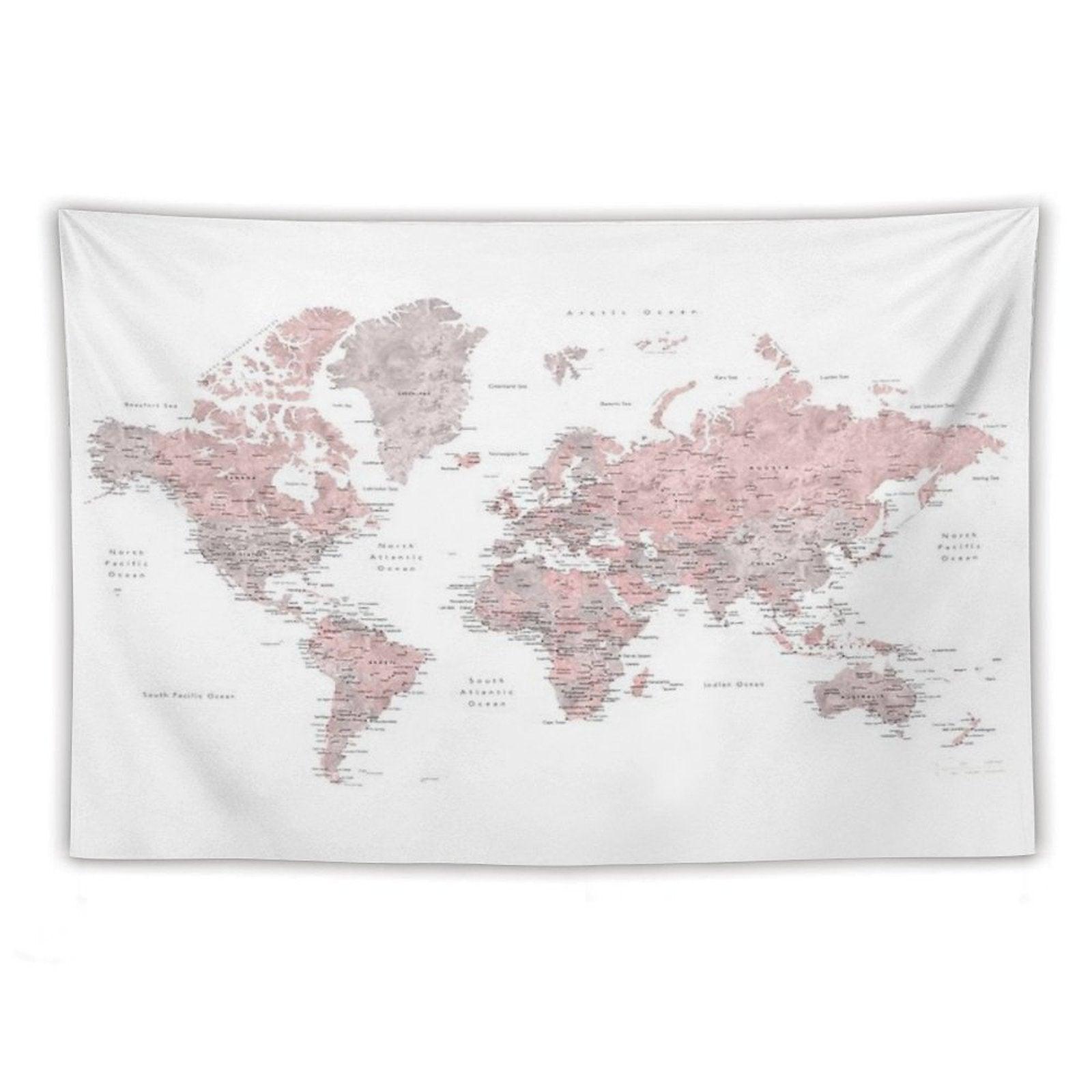 Muted Pink And Taupe Detailed World Map Tapestry