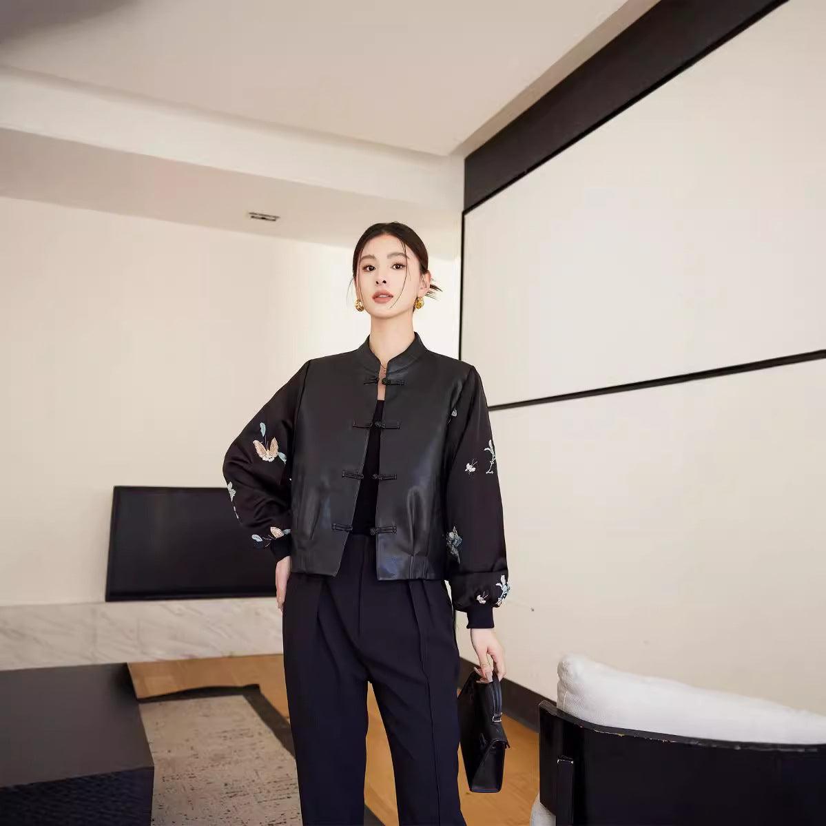New Chinese Style Stitching Leather Coat Women's Retro Women's