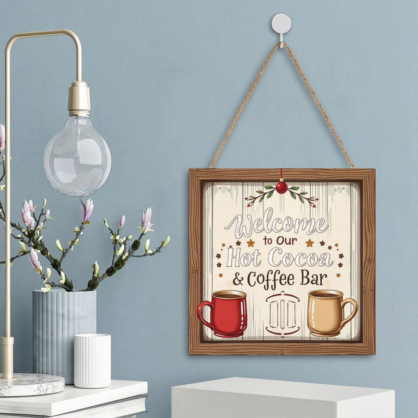 Welcome Coffe Bar Christmas Hot Cocoa Sign Square Wood Wall Decor Hanging Sign-12