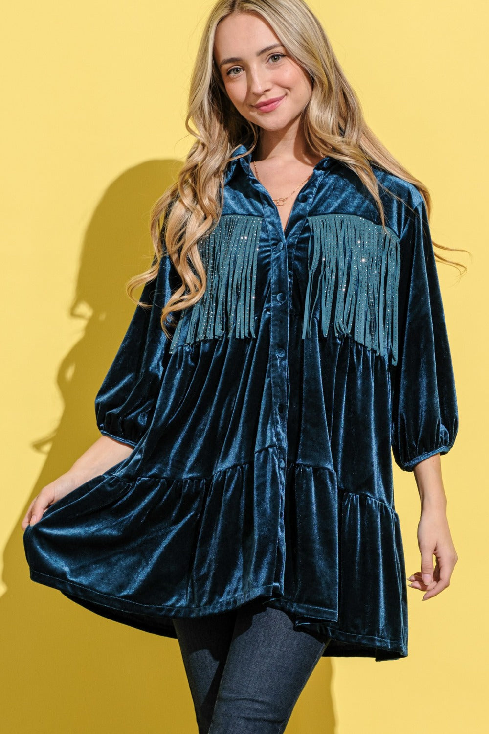 Fringe Detailed Velvet Shirt Dress – Velvet Shirt Dress, Fringe Detail Dress, Luxurious Shirt Dress, Elegant Velvet Dress, Playful Fringe Dress