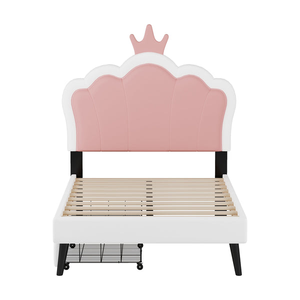 Twin cushion princess bed with crown headboard and 2 drawers with headboard and footrest, pink+white