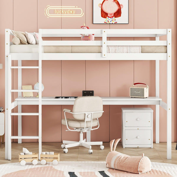 Twin Loft Wood Bed with Under-bed, Built-in Desk, a Storage Cabinet of 2 Drawers, Guardrails, Ladder,White