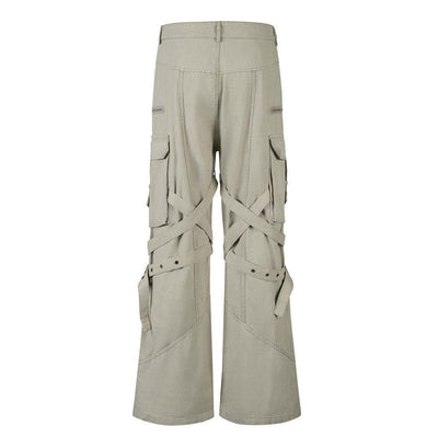 High Street Style Multi-Pocket Workwear Flared Trousers with Belt Design for Men