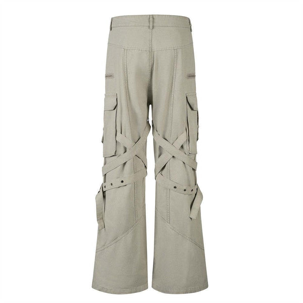 High Street Style Multi-Pocket Workwear Flared Trousers with Belt Design for Men
