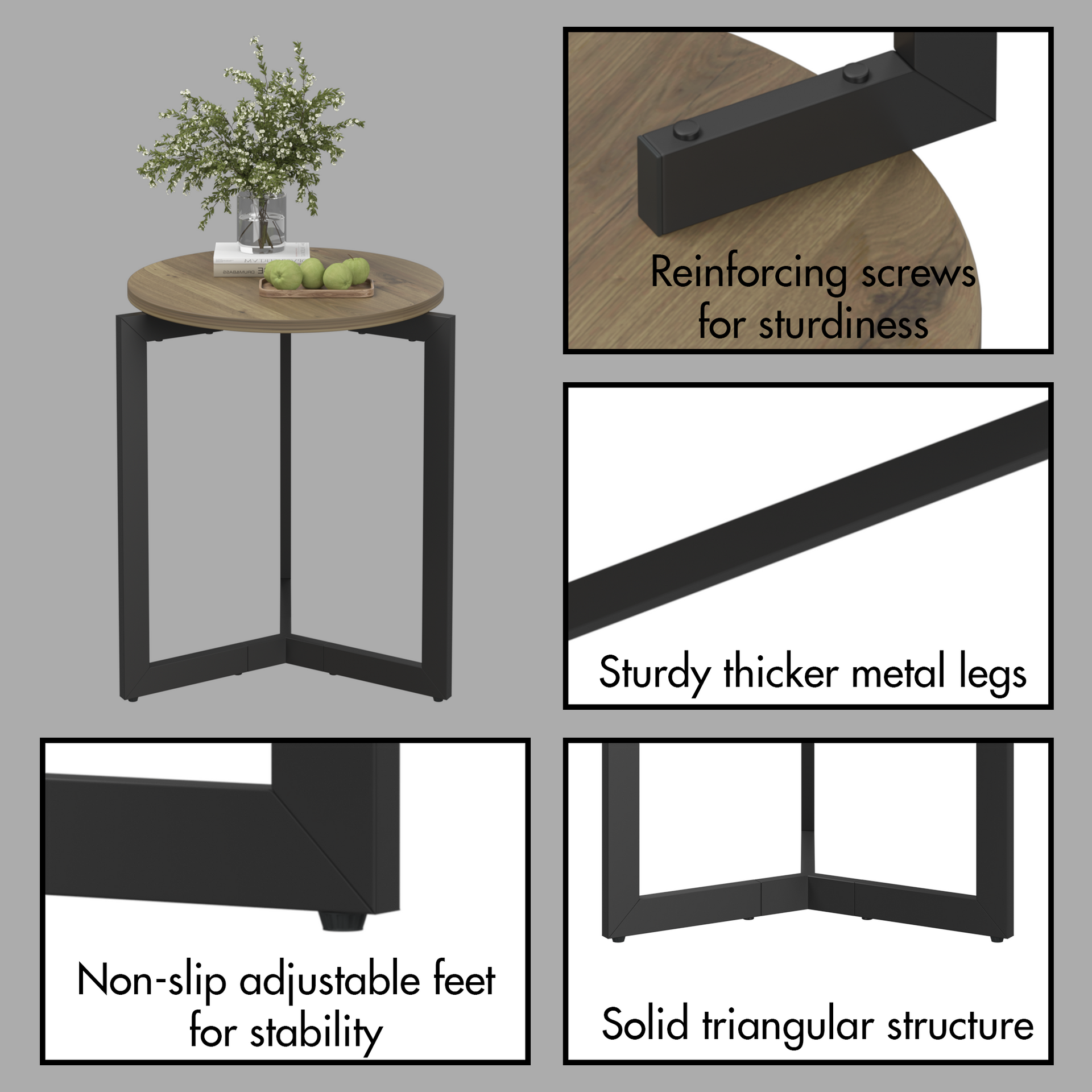 19.68''H Round Side Table, Round Accent End Table with Sturdy Metal Frame, Round Nightstand, for Living Room, Brown