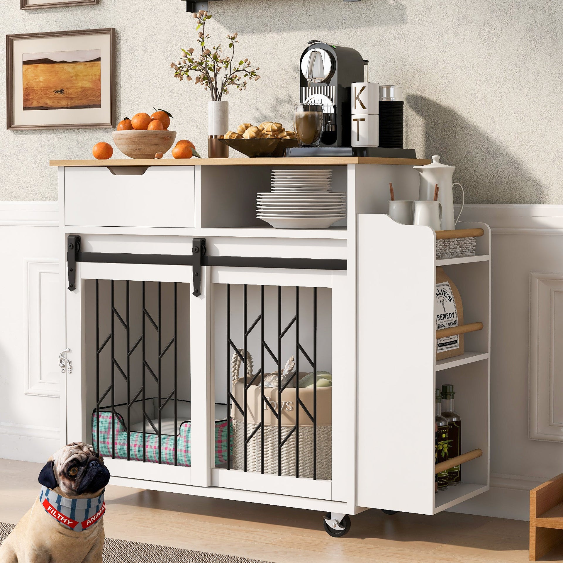 Modern Style 2-in-1 Pet Friendly Dog Crate Kitchen Island End Table Natural White MDF Metal Pine
