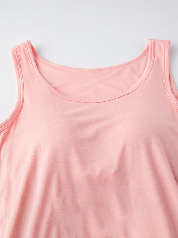 Classic Round Neck Wide Strap Mini Dress With Built-In Bra Comfortable Sleeveless Dress