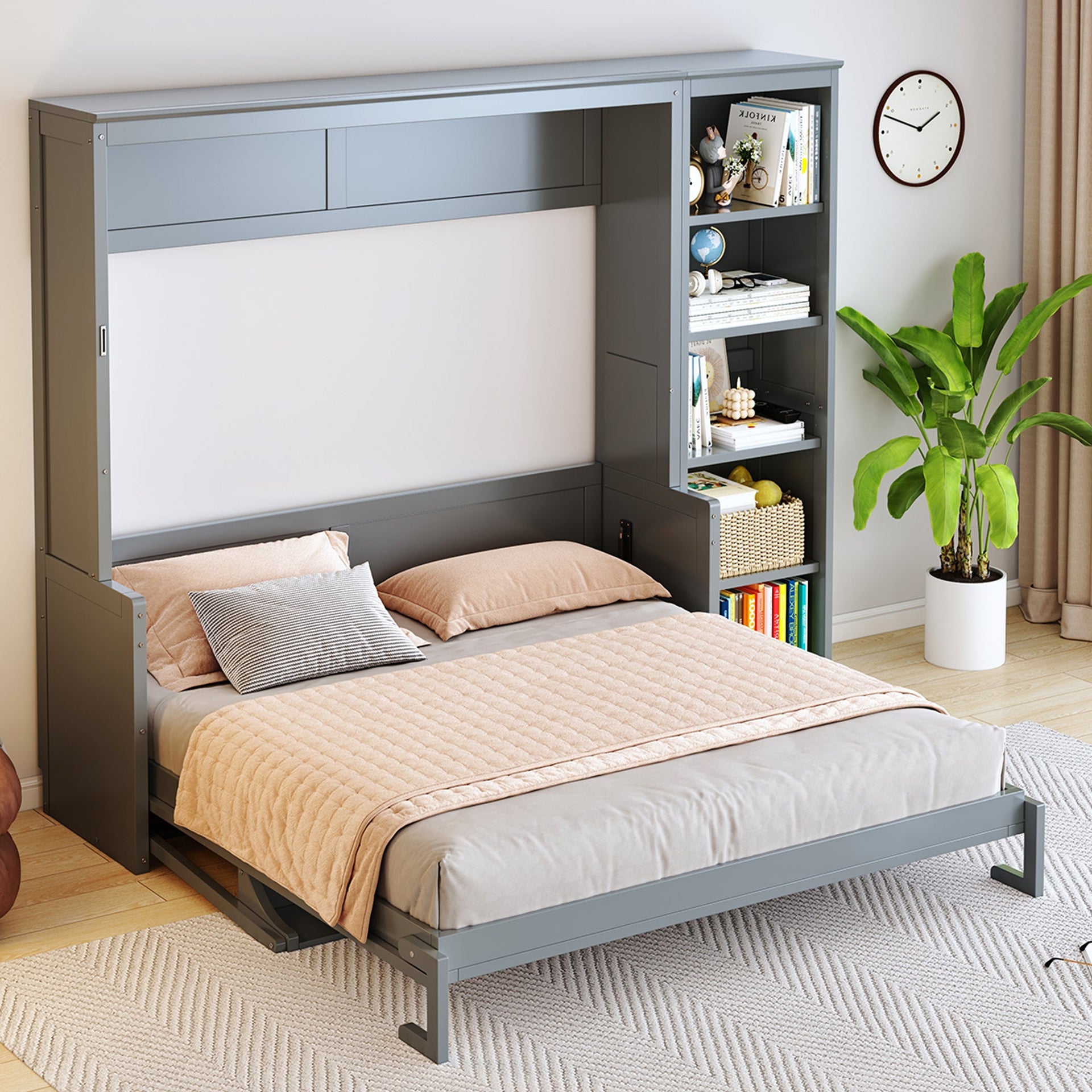 Queen Size Murphy Bed with Desk and Bookshelf